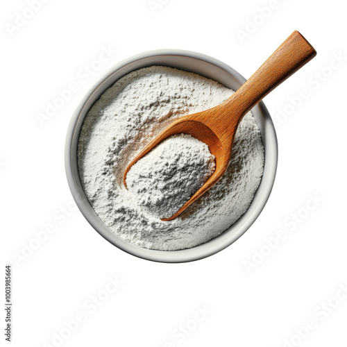 Flour in a ceramic bowl with a wooden spoon, baking ingredient element, watercolor illustration, soft whites and browns, isolated on white background.  photo