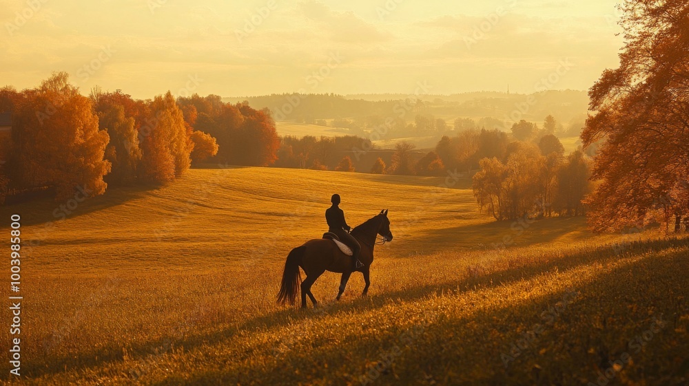 A lone horseback rider silhouetted against a golden autumnal landscape A lone horseback rider silhouetted against a golden autumnal landscape