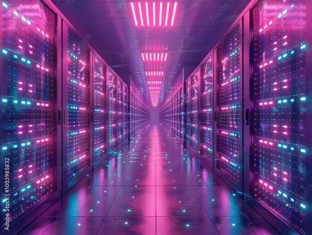 Neon-lit data center corridor with glowing servers on both sides, showcasing modern technology and advanced computing infrastructure. Neon-lit data center corridor with glowing servers on both sides, showcasing modern technology and advanced computing infrastructure.