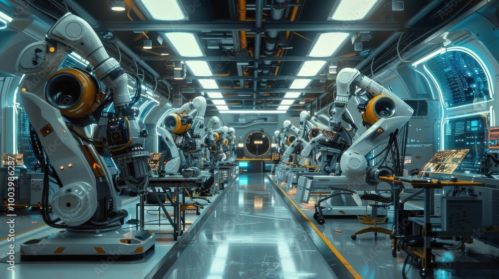 Modern robotic arms in an advanced industrial factory. High-tech automation and innovation in a futuristic manufacturing environment. Modern robotic arms in an advanced industrial factory. High-tech automation and innovation in a futuristic manufacturing environment.