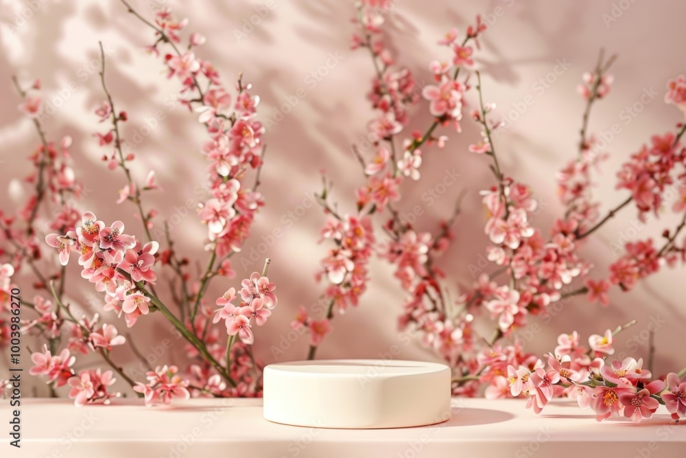 Product podium with spring flower blossom plant decoration. Product podium with spring flower blossom plant decoration.