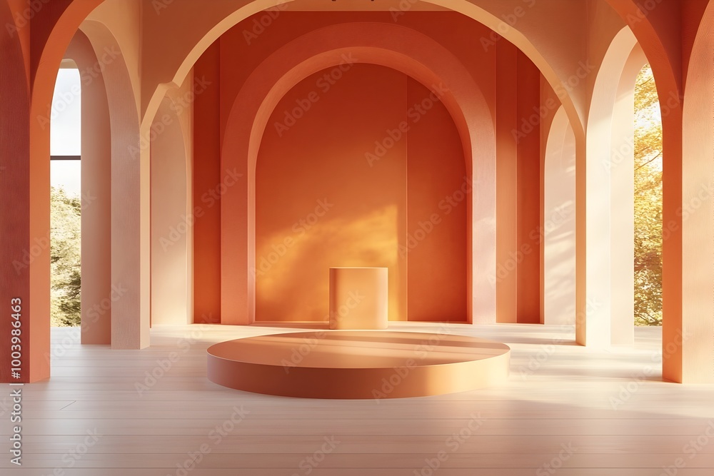 Sleek 3D rendered open concept studio space featuring a singular product display pedestal in the center vivid orange hues geometric shapes Sleek 3D rendered open concept studio space featuring a singular product display pedestal in the center vivid orange hues geometric shapes