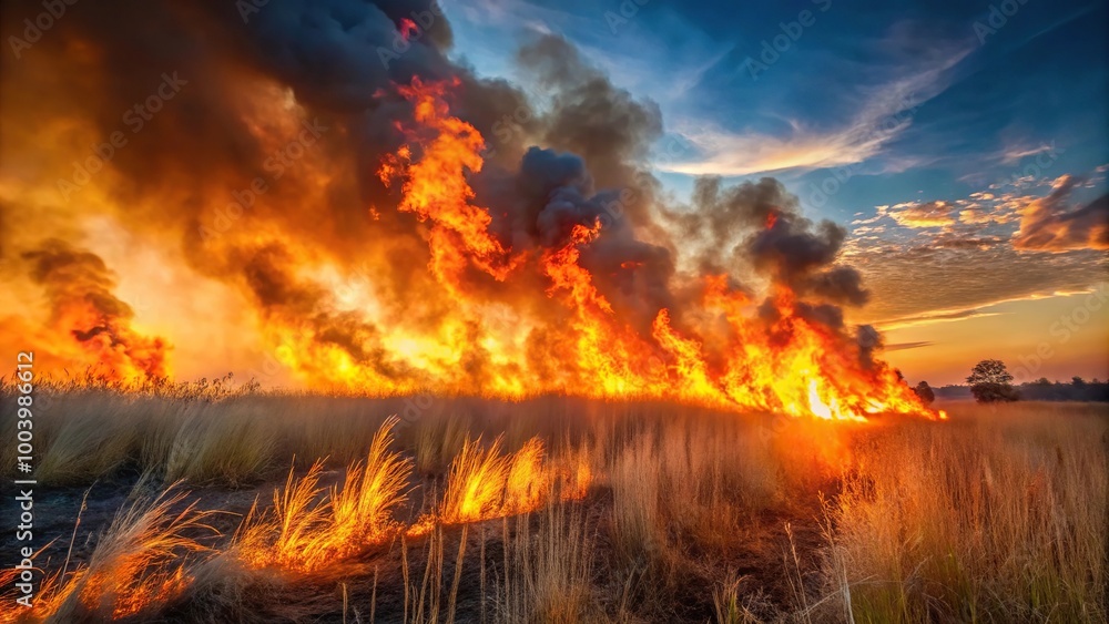 Wildfire in countryside meadow during sunset Wildfire in countryside meadow during sunset