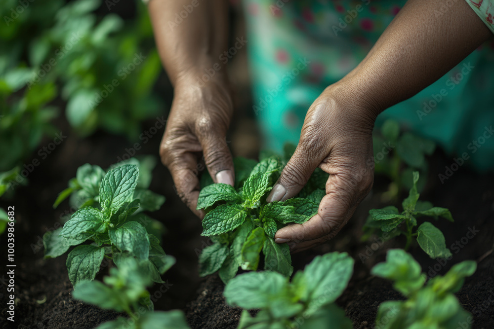 Close-up of a farmer picking fresh mint leaves in a lush garden Close-up of a farmer picking fresh mint leaves in a lush garden