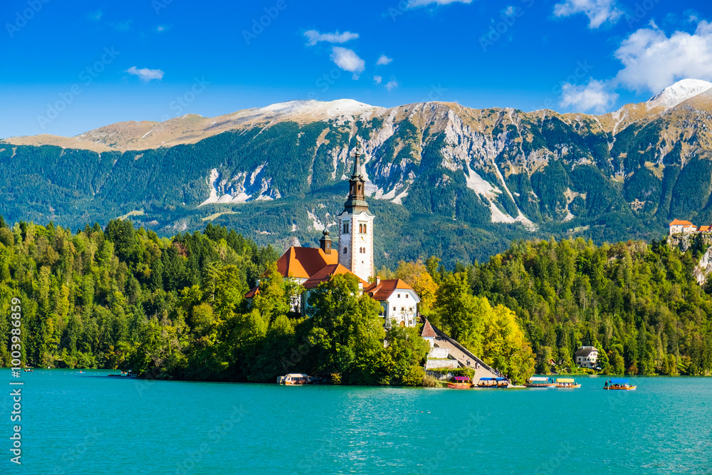 Bled lake in Slovenia in autumn, amazing landscape