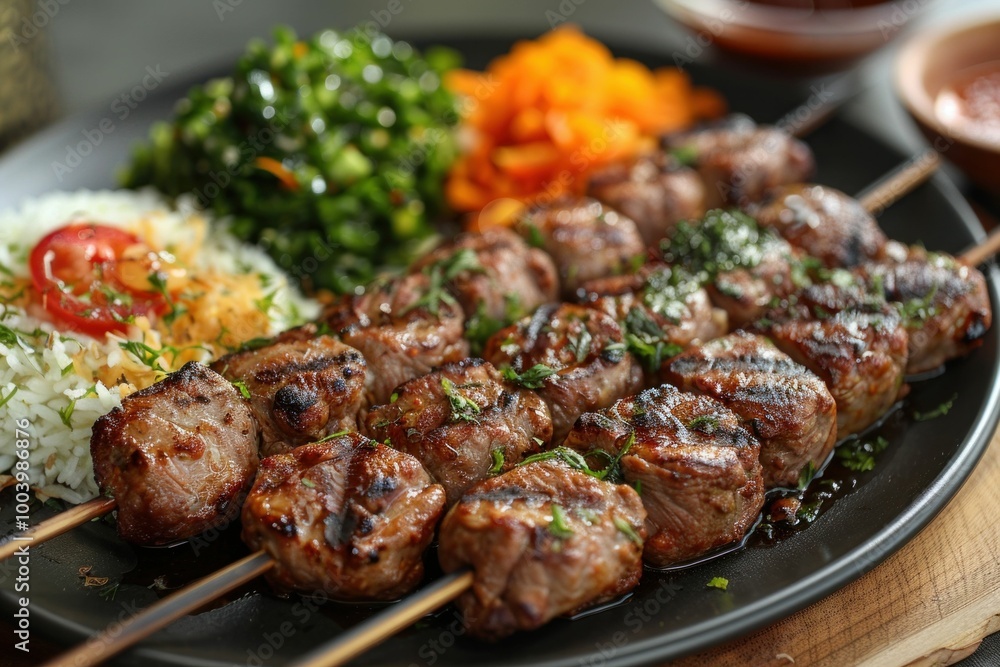 Grilled skewers, delicious meat, vibrant vegetables, colorful, fresh dish, gourmet presentation, appetizing dining experience, flavorful herbs, smoky aroma, rich textures Grilled skewers, delicious meat, vibrant vegetables, colorful, fresh dish, gourmet presentation, appetizing dining experience, flavorful herbs, smoky aroma, rich textures