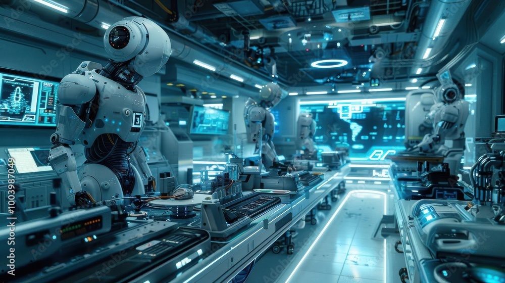 Futuristic robotics laboratory with advanced AI robots performing tasks, showcasing cutting-edge technology and innovation in automation. Futuristic robotics laboratory with advanced AI robots performing tasks, showcasing cutting-edge technology and innovation in automation.