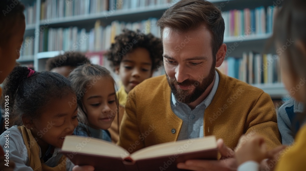 A man is reading a book to a group of children