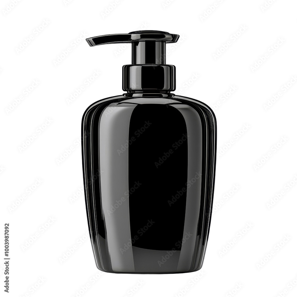 Sleek black glass bottle with a pump dispenser, luxury skincare element, photorealistic style, elegant black tones, isolated on white background. Sleek black glass bottle with a pump dispenser, luxury skincare element, photorealistic style, elegant black tones, isolated on white background.