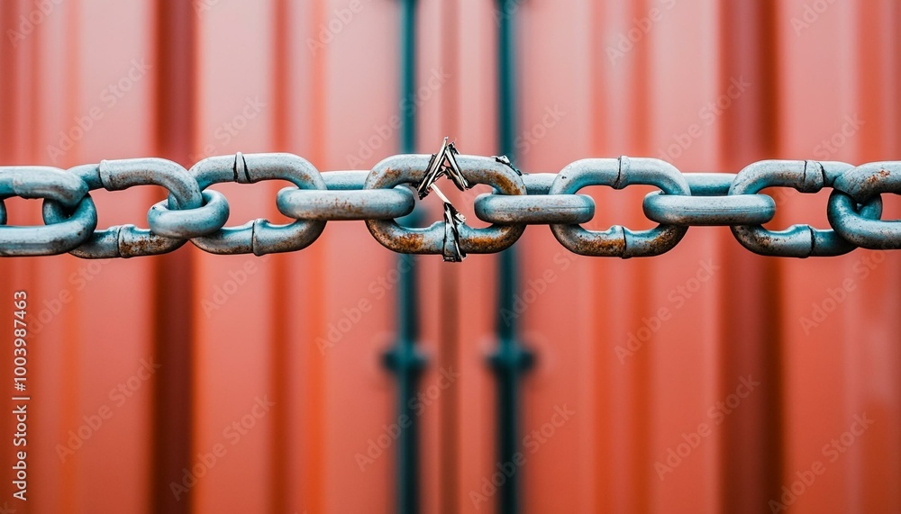 Close-up of a worn metal chain against a red background, highlighting rust and wear, symbolizing strength and durability in industry. Close-up of a worn metal chain against a red background, highlighting rust and wear, symbolizing strength and durability in industry.
