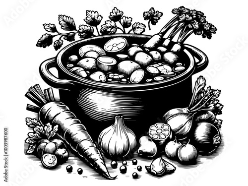 Black and white illustration of a pot with various vegetables. Vector, generative ai.