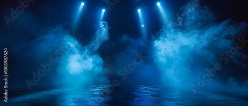 Panel kuchenny z motywem A smoke-filled room with spotlights, concrete walls, and blue lighting creates a mysterious atmosphere. The purpose remains ambiguous, inviting viewer interpretation.