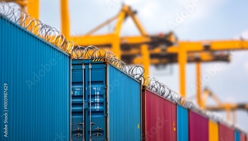 Image of colorful shipping containers secured with barbed wire in a bustling port, highlighting logistics and transportation operations under a clear blue sky. photo