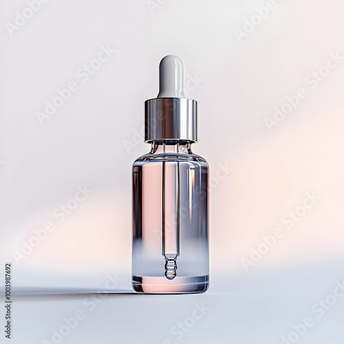Dropper bottle with luxurious liquid, ideal for skincare products. Soft gradients and minimalistic style.