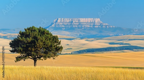 Solitary Tree and Majestic Mountain A Serene Landscape in the South African Countryside