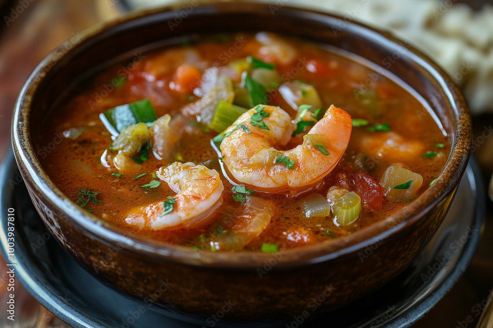 Gumbo soup. Louisiana soup gumbo with shrimp, chorizo and white rice on wooden table Gumbo soup. Louisiana soup gumbo with shrimp, chorizo and white rice on wooden table