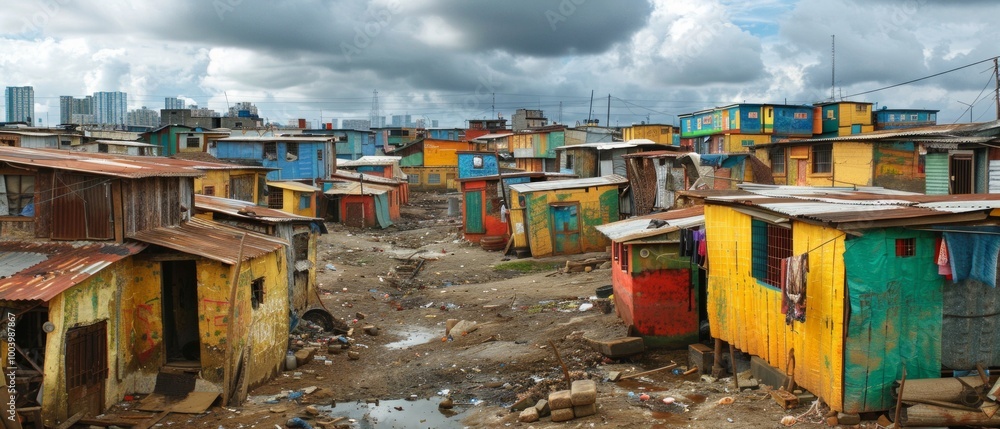 Revitalized slum with colorful wood and metal houses, dirty roads and ...