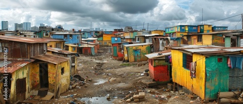 Revitalized slum with colorful wood and metal houses, dirty roads and sewage. Shows the contrast between poverty and modernity under a gloomy sky. photo