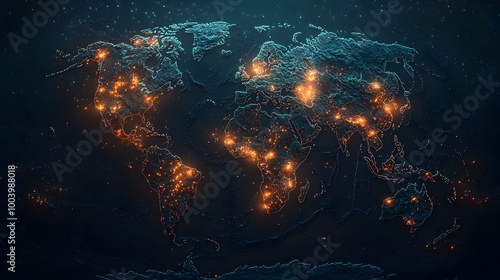 Glowing Digital World Map Visualizing Global Social Media Interactions Represented in Flowing Binary Code Symbolizing the Interconnected Digital Landscape and Information Network of the Modern World