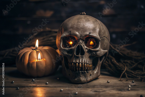 A skull featuring glowing eyes and a pumpkin inside its mouth.