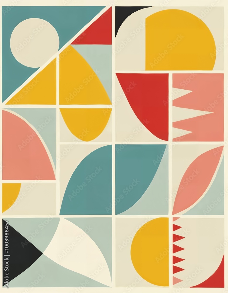 An abstract geometric artwork featuring bold shapes in yellow, red, blue, and pink, arranged in a grid for a modern design.. An abstract geometric artwork featuring bold shapes in yellow, red, blue, and pink, arranged in a grid for a modern design..