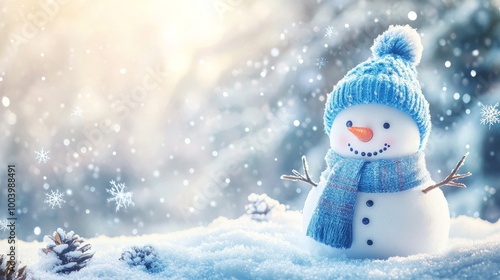 Snowy meadow with a snowman in a festive banner design and room for text