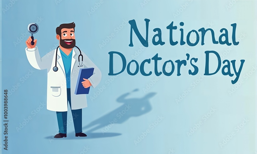 Illustration of a smiling doctor holding a clipboard and stethoscope, celebrating National Doctor's Day with a light blue background.. Illustration of a smiling doctor holding a clipboard and stethoscope, celebrating National Doctor's Day with a light blue background..
