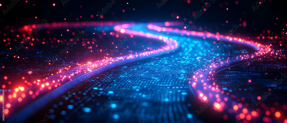 Vibrant digital pathway with glowing lights in blue and pink on a dark background, evoking a sense of innovation and motion. Vibrant digital pathway with glowing lights in blue and pink on a dark background, evoking a sense of innovation and motion.