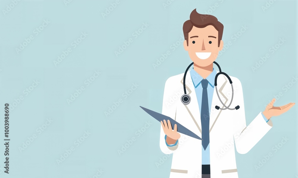 Illustration of a cheerful doctor holding a clipboard, wearing a stethoscope, and gesturing with a welcoming smile on a light background.. Illustration of a cheerful doctor holding a clipboard, wearing a stethoscope, and gesturing with a welcoming smile on a light background..