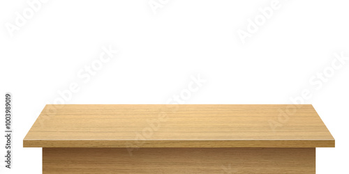 Wood table with perspective view. Wooden desk isolated on transparent background with top front view. Realistic kitchen board vector illustration. Rustic countertop of timber surface.