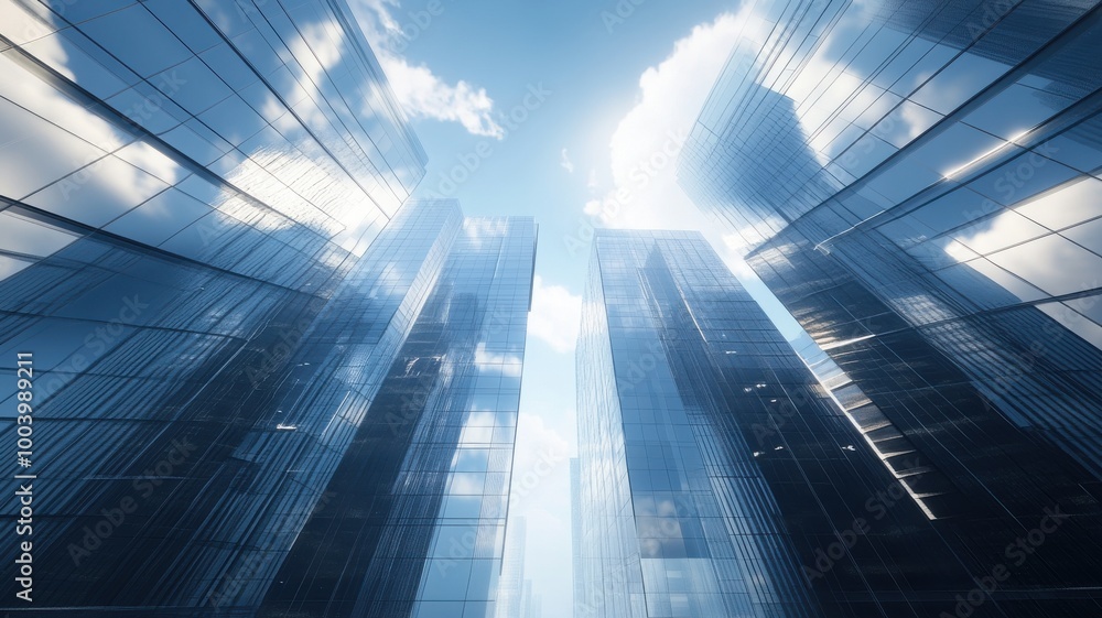 Skyscrapers reaching towards the sky with reflective glass and bright clouds. Skyscrapers reaching towards the sky with reflective glass and bright clouds.