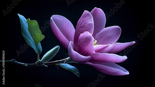 A Purple magnolia flower isolated on dark background, with 19s noise effect high quality .generative ai photo