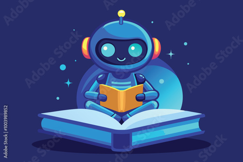 a stylized robot sitting on upright book in 'the thinker P.eps