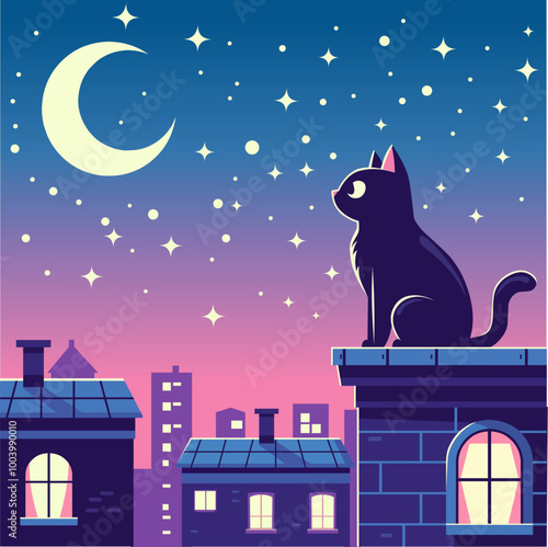 a cat sits on a roof with the moon above it