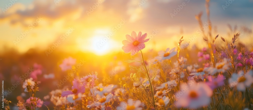 Sunset illuminating a field of pink and white wildflowers. Sunset illuminating a field of pink and white wildflowers.