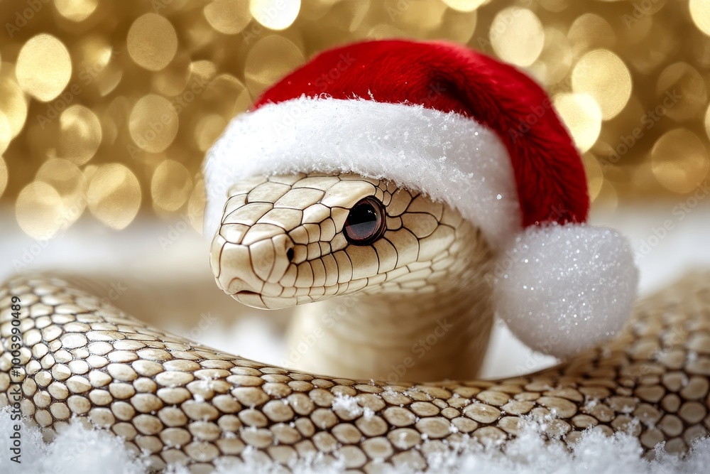 New Years White Snake in Festive Santa Hat Symbol of 2025 on Snowy Golden Background New Years White Snake in Festive Santa Hat Symbol of 2025 on Snowy Golden Background