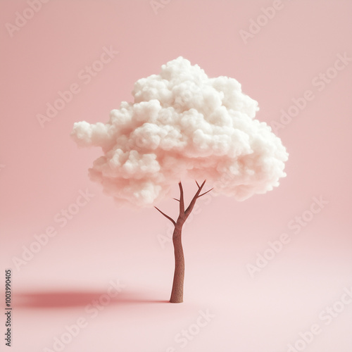 tree with cloud on pink background.Minimal creative environment concept.Copy space,flat lay