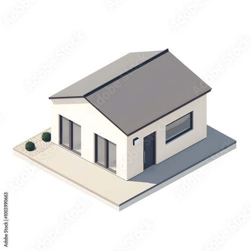 3D Isometric Rendering of Compact Minimal House with Slanted Roof on White Background