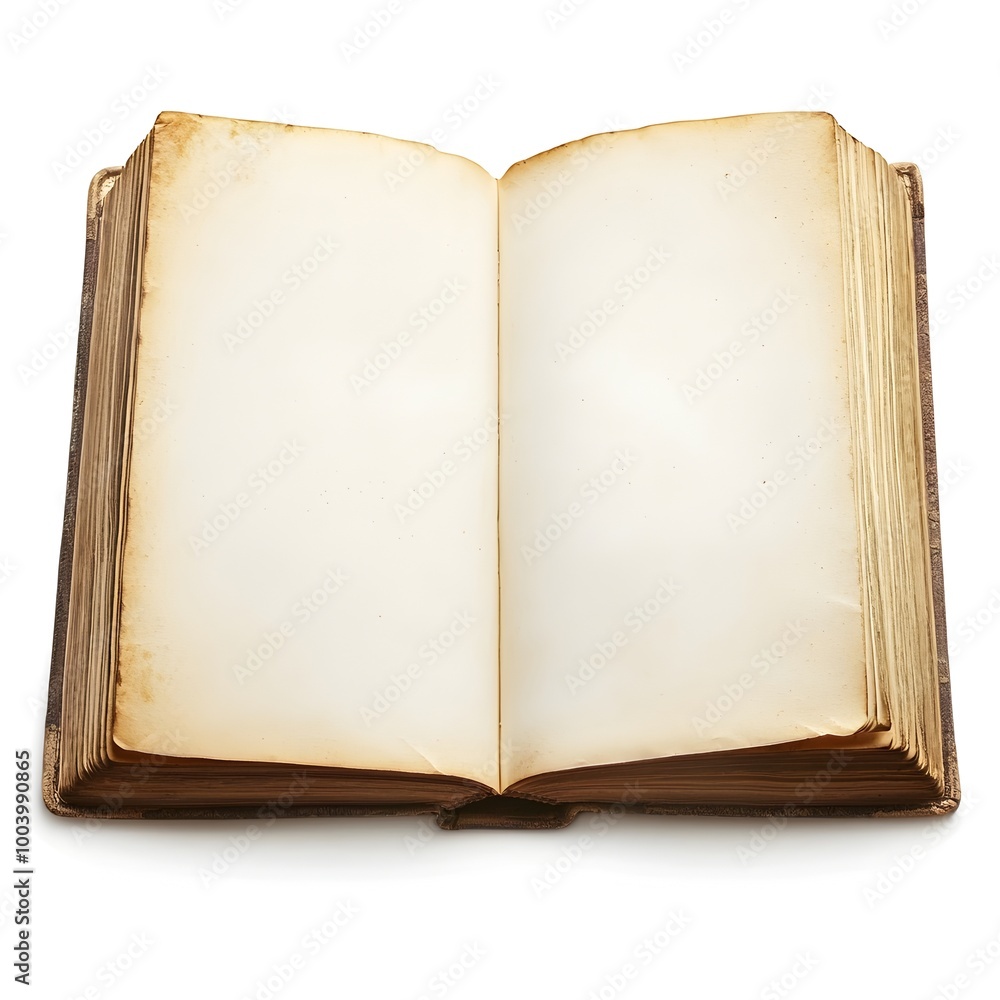 Fototapeta premium Antique Open Blank Book with Curled Corners on White Background