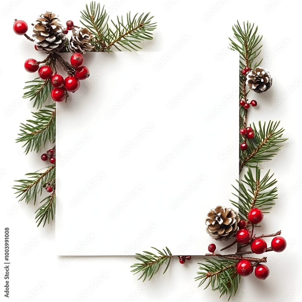 Blank Christmas Invitation Card with Festive Pine Cone and Berry Border on White Background Blank Christmas Invitation Card with Festive Pine Cone and Berry Border on White Background