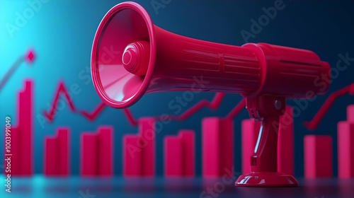 Red megaphone with a vibrant blue background and rising bar graphs, symbolizing communication and growth in business. photo