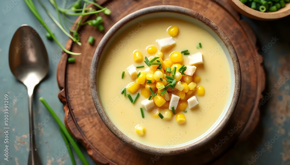 Creamy corn and crab bisque topped with corn kernels and herbs (Cajun Cuisine) Creamy corn and crab bisque topped with corn kernels and herbs (Cajun Cuisine)