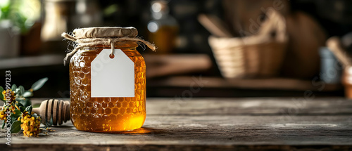 A rustic jar of honey with a tag on a wooden table, surrounded by natural elements and a warm atmosphere.