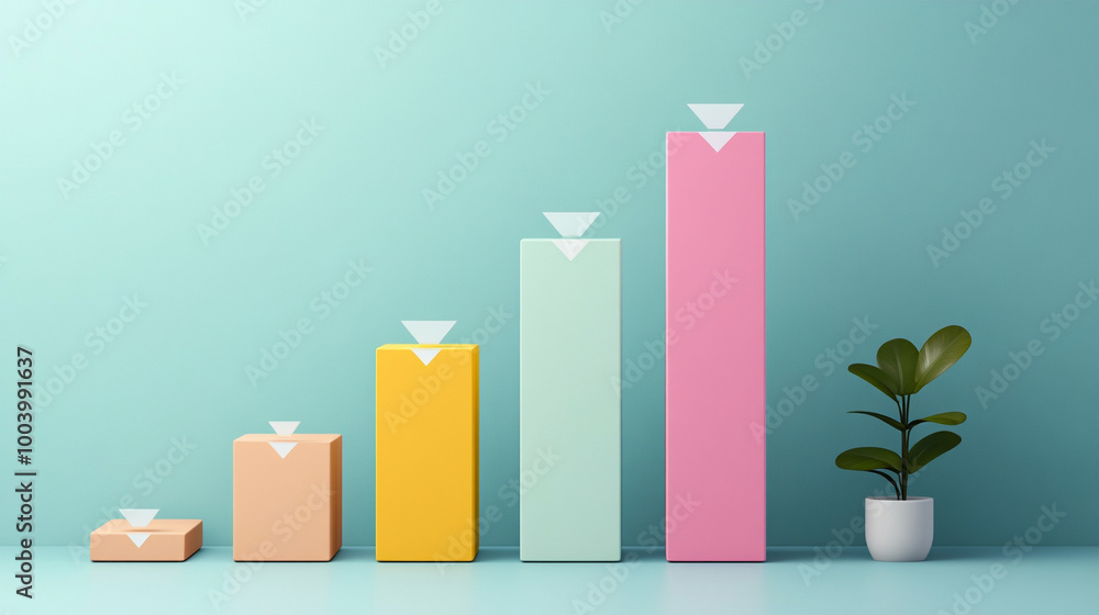 Colorful bar graphs representing growth and progress, with a small plant in a pot, against a light teal background. Colorful bar graphs representing growth and progress, with a small plant in a pot, against a light teal background.