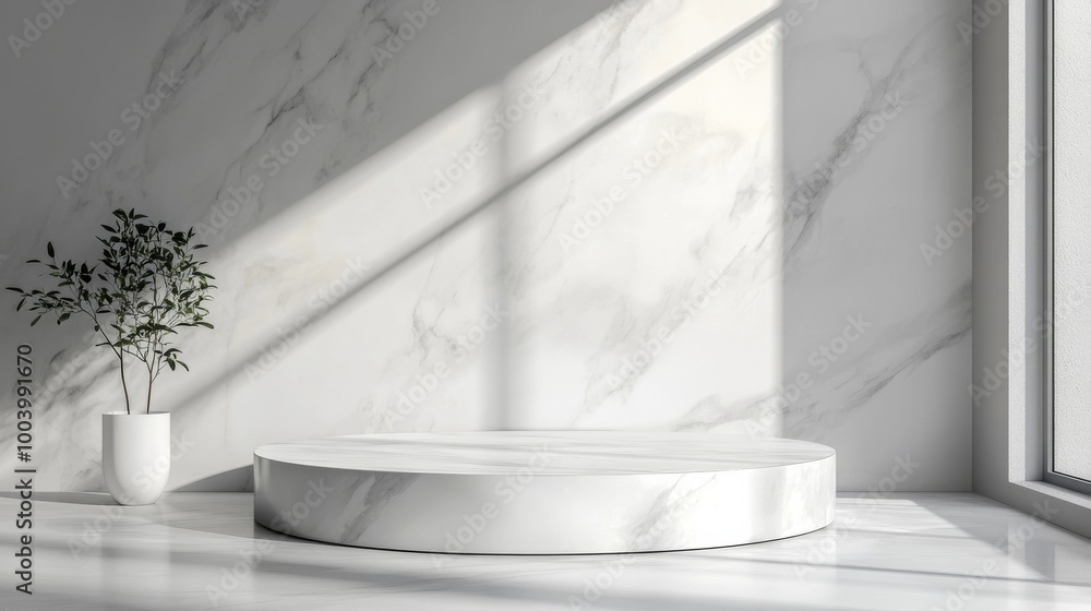 Luxurious White Oval Marble Podium with Sleek Design in a Bright Marble Interior Luxurious White Oval Marble Podium with Sleek Design in a Bright Marble Interior