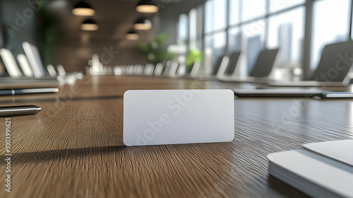 Wallpaper Mural Empty nameplate on a conference table in a modern office with large windows and a minimalist design. Torontodigital.ca