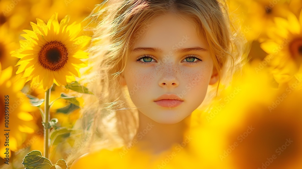 Serene portrait of a young woman with flowing hair standing amidst a vibrant field of blooming sunflowers capturing a moment of tranquility and natural beauty Serene portrait of a young woman with flowing hair standing amidst a vibrant field of blooming sunflowers capturing a moment of tranquility and natural beauty