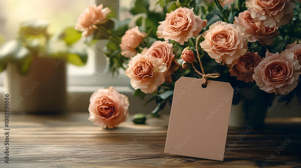 Obraz premium Delicate pink roses in a rustic setting, with a blank tag for customization.