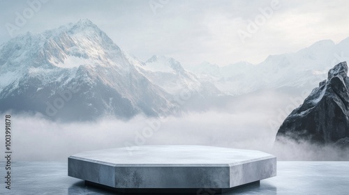 Minimalist Matte Grey Hexagonal Stone Podium in a Misty Mountain Setting