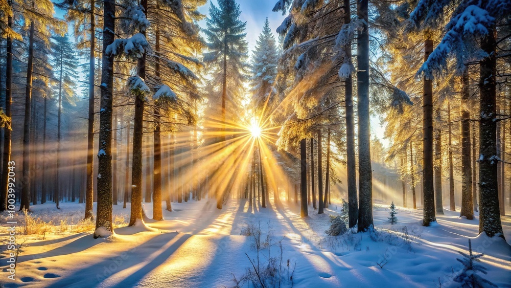 Winter forest with sunrays shining through trees creating a dreamy landscape Winter forest with sunrays shining through trees creating a dreamy landscape